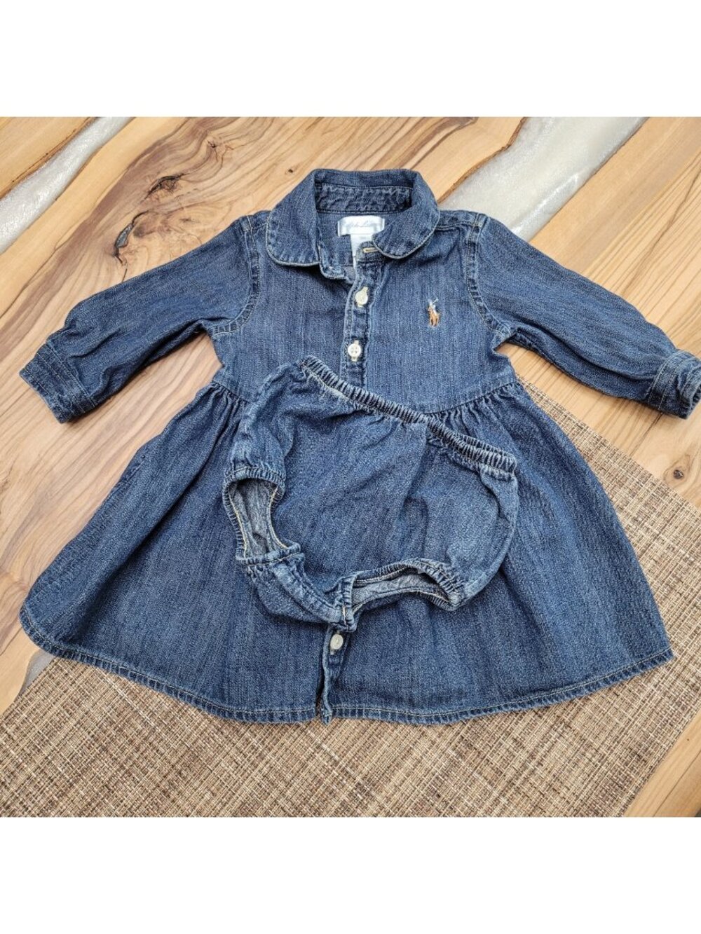 Ralph Lauren Baby Girl’s Denim Dress & Bloomer Indigo Blue Pony Size 3M
